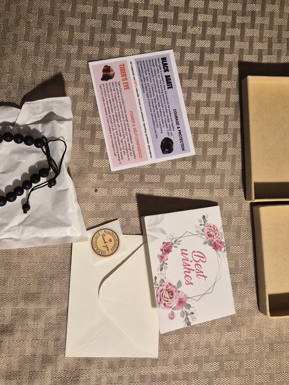 Tiger's Eye and Black Agate gemstones With "Best Wishes" gift card